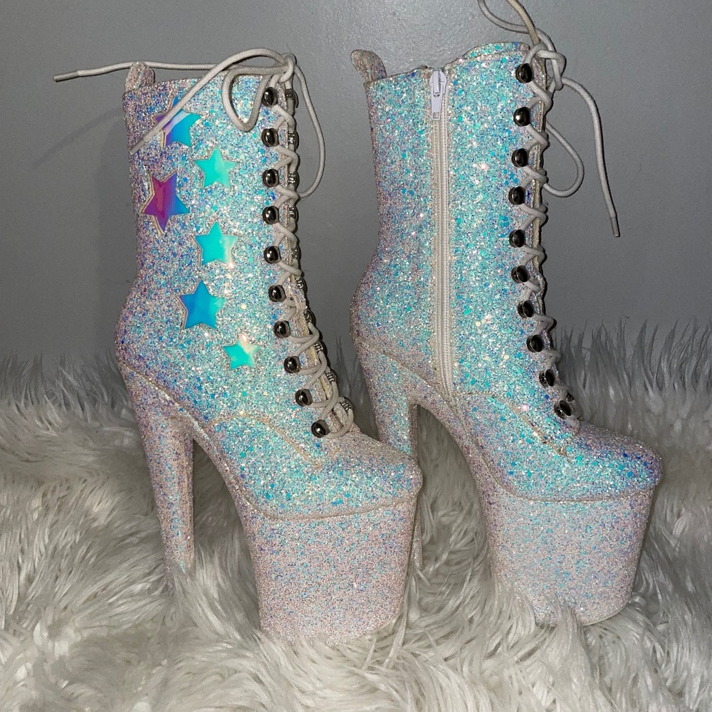 YRU MYA STAR WHITE GLITTER PLATFORM Stripper Dancewear BOOTS HEELS  XTRA Size 5